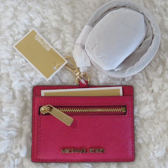 Michael Kors Jet Set Leather Card Case ID Lanyard (Carmine Pink) - Picture 1 of 3